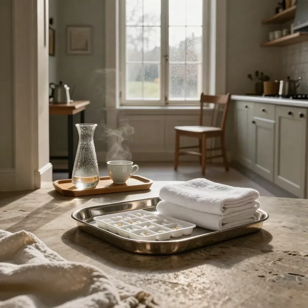 Medicintray, vita handdukar och tekopp i ett svenskt townhouse med mjukt morgonljus.