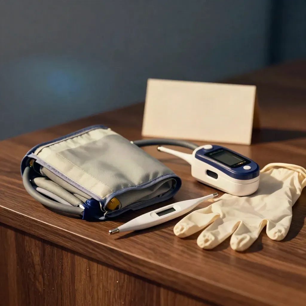 Blodtrycksmanschett, termometer, pulsoximeter och handskar på linnetyg i mörkt ljus.